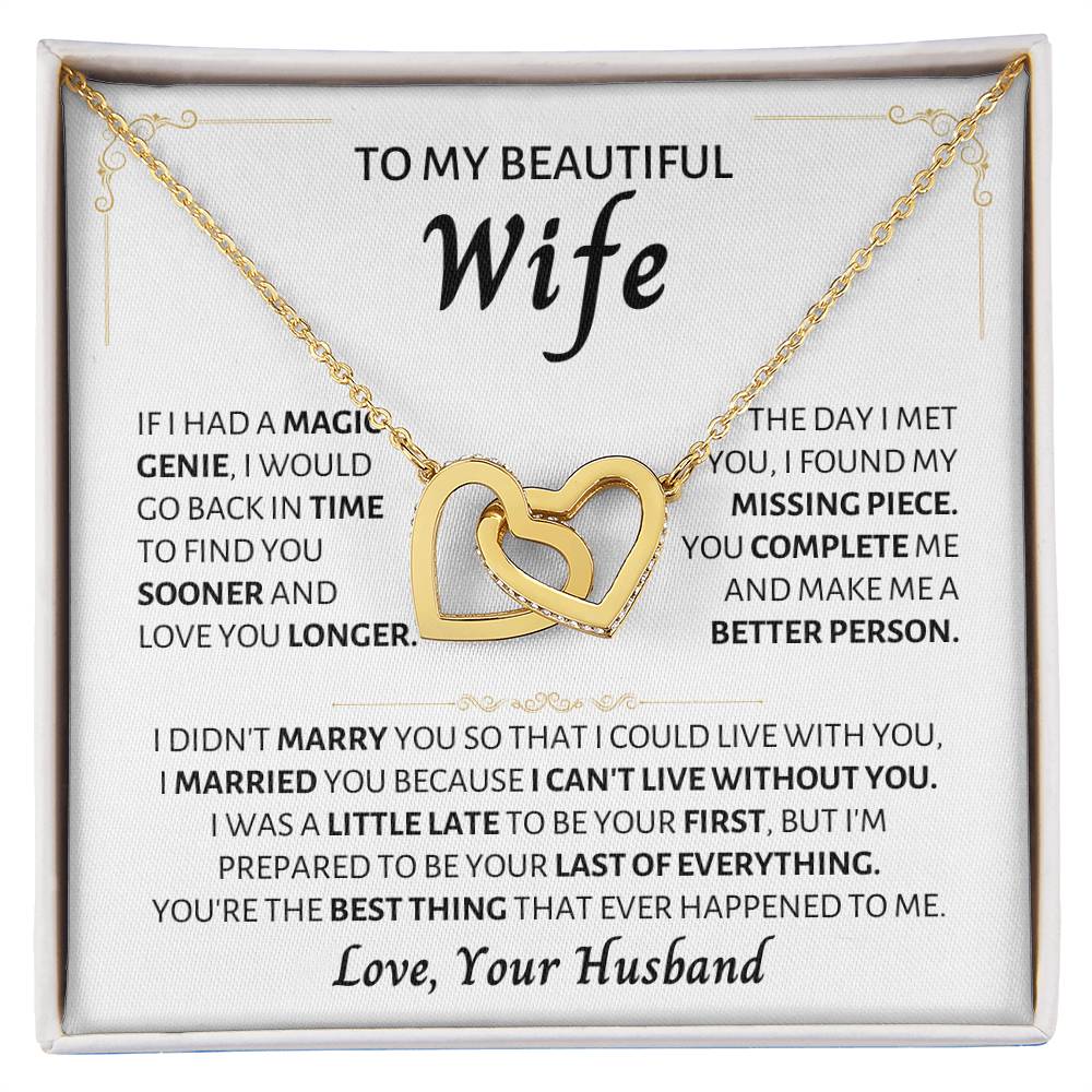 To My Wife Necklace - Romantic Gift from Husband for Birthday, Anniversary, Christmas & Valentine’s Day - Interlocking Hearts Necklace
