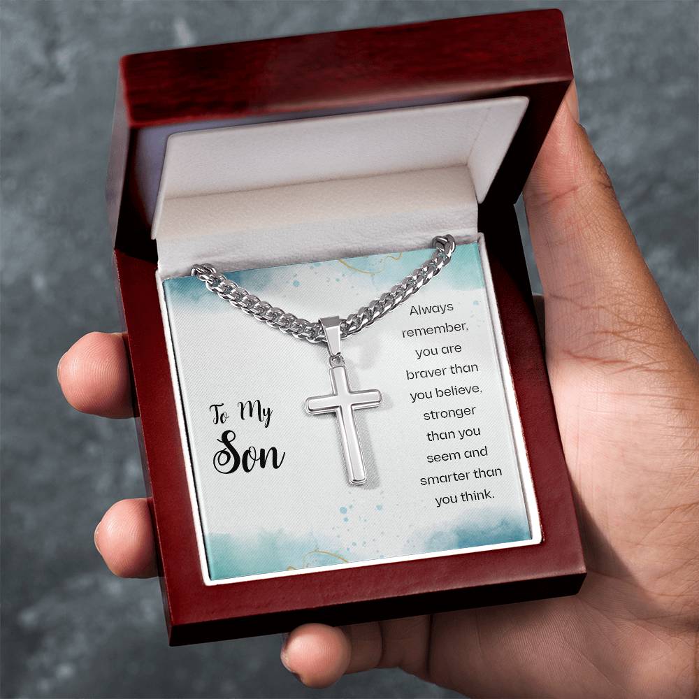 To My Son Necklace - Always Remember - Artisan Cross with Cuban Link Chain