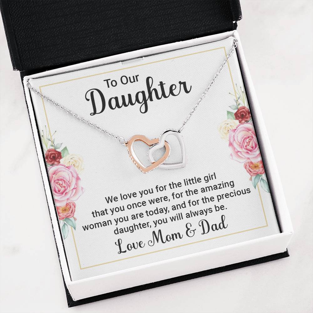 To Our Daughter Necklace – Daughter Graduation & Birthday Present from Mom and Dad – Interlocking Hearts Necklace