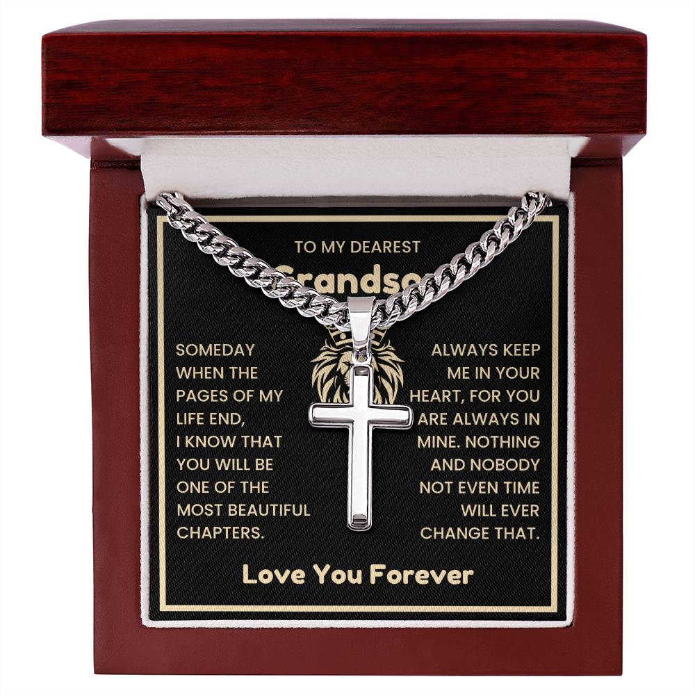 To My Dearest Grandson Necklace - Gift for Grandson - Always keep me in your heart - Artisan Cross with Cuban Link Chain
