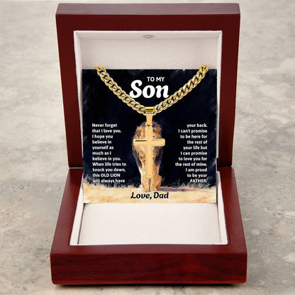 To My Son Necklace - Gift for Son from Dad - Never forget that I love you - Artisan Cross with Cuban Link Chain