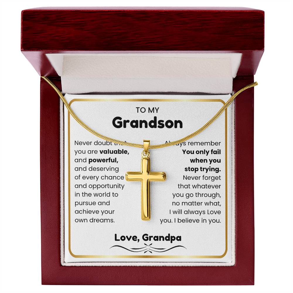 To My Grandson - I believe in you - Grandson Gift from Grandpa - Artisan Cross Necklace
