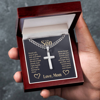 To My Son - Gift for Son from Mom - You are braver than you believe - Artisan Cross with Cuban Link Chain