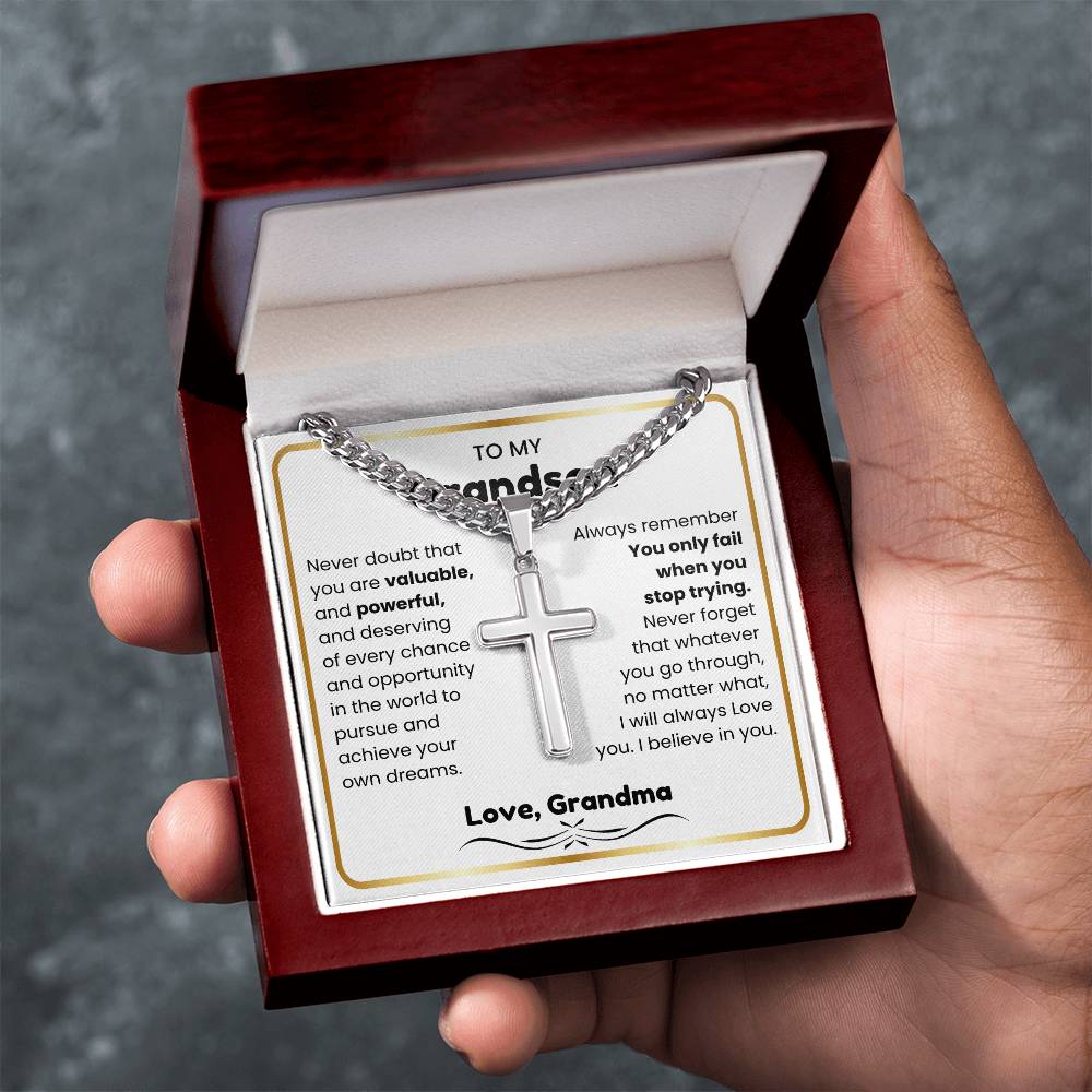 To My Grandson - I believe in you - Grandson Gift from Grandma - Artisan Cross with Cuban Link Chain