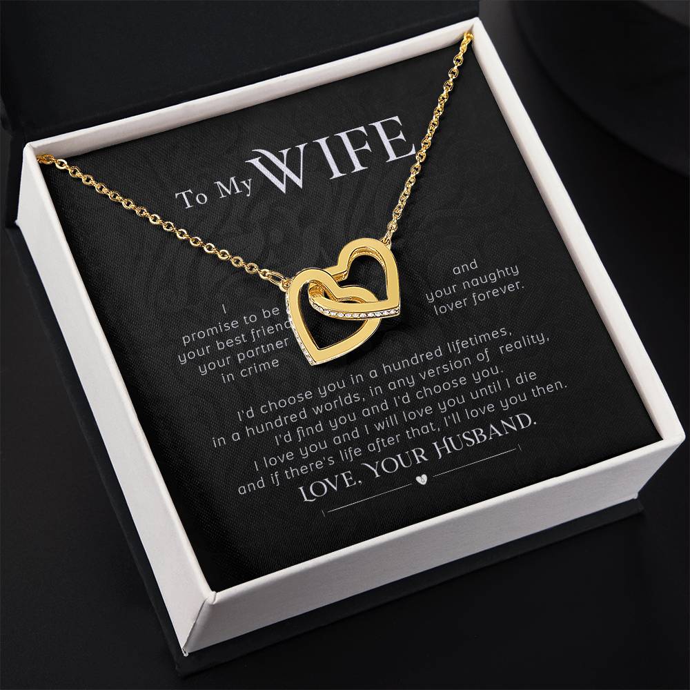 To My Wife Necklace - Touching Romantic Gift for Wife from Husband for Christmas, Anniversary & Valentine’s Day - Interlocking Hearts Necklace