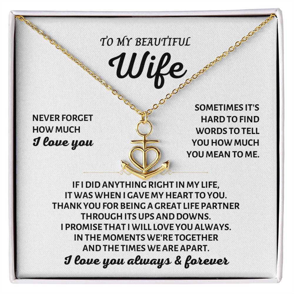 To My Beautiful Wife Necklace - Perfect Romantic Surprise from Husband for Anniversary, Birthday & Valentine’s Day - Anchor Pendant Necklace