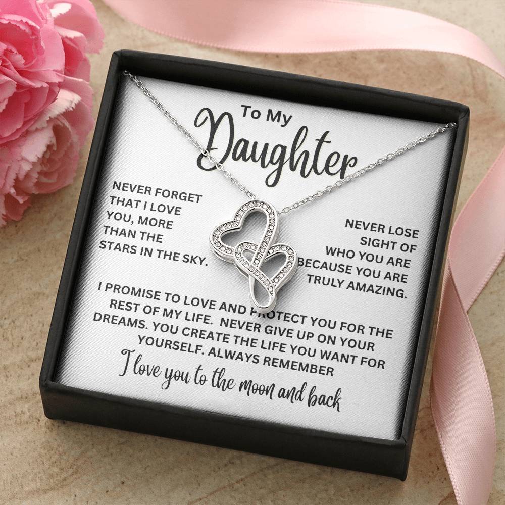 To My Daughter Necklace - I love you to the moon and back - Heart-to-heart Pendant Necklace Gift for Daughter